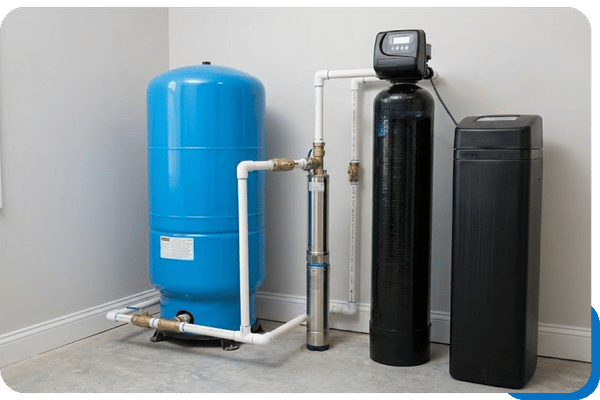 A modern well water system installation in a Tipp City, OH utility room featuring a new submersible pump, a blue pressure tank, and a C & C Water Solutions water softener.