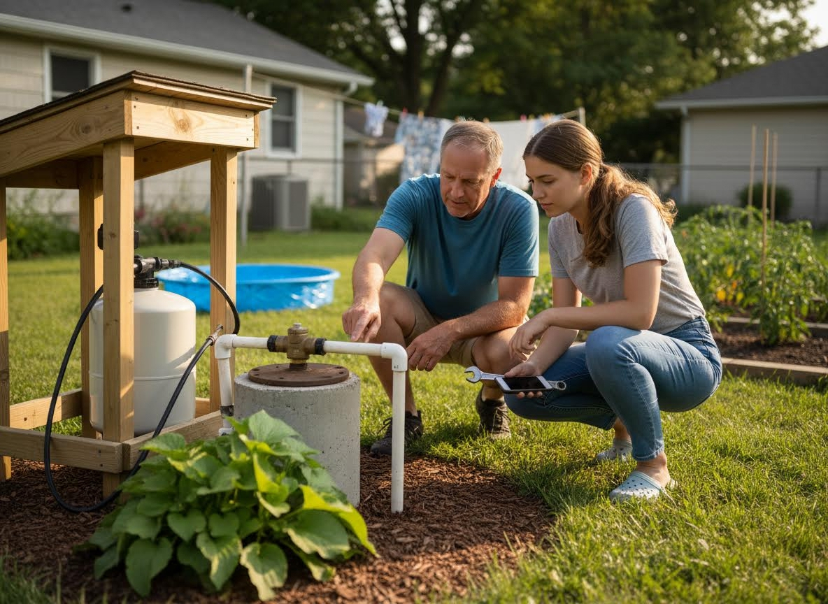 Father and daughter inspecting outdoor water system