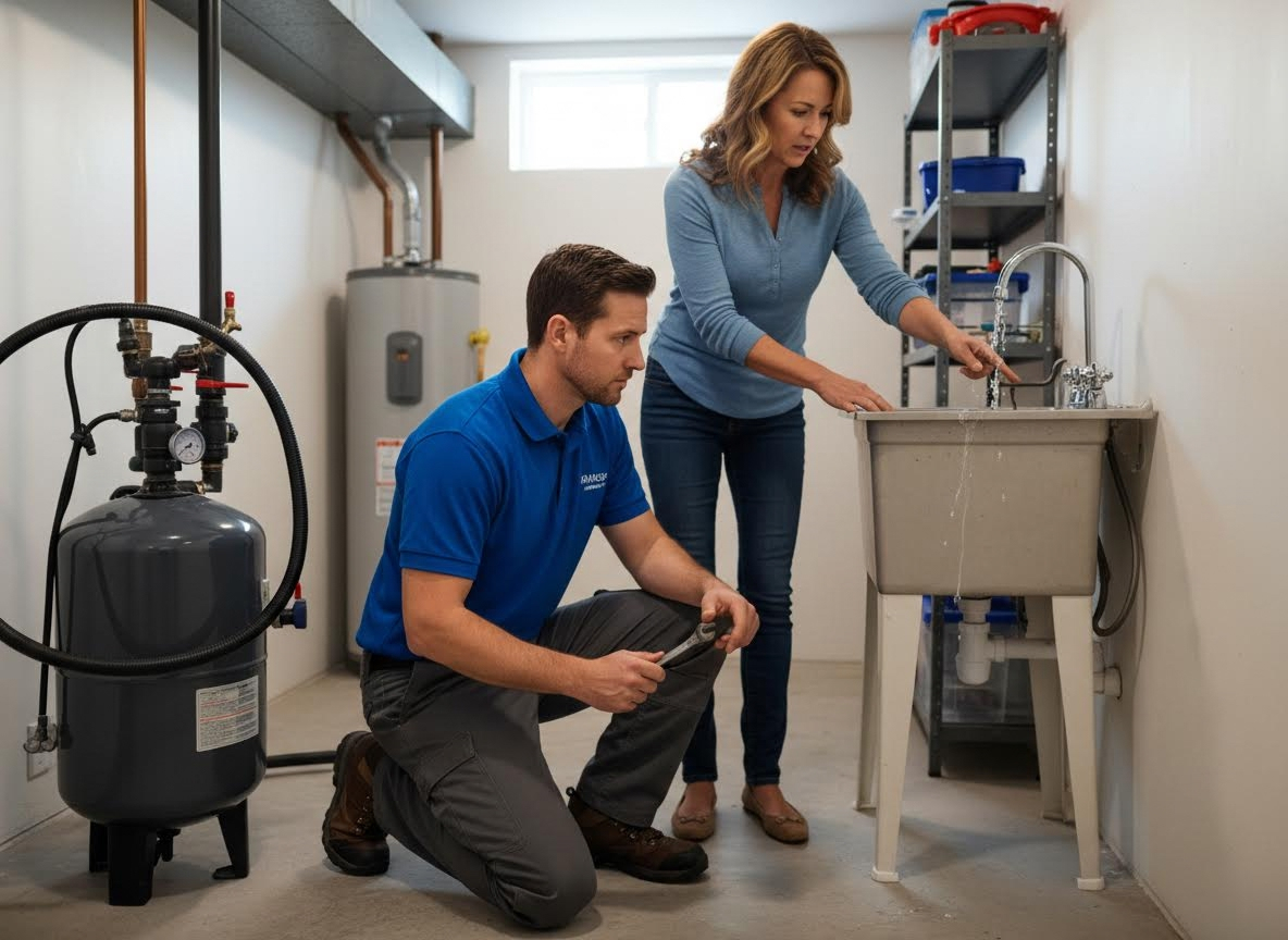 Plumber and Homeowner Inspecting a Utility Sink