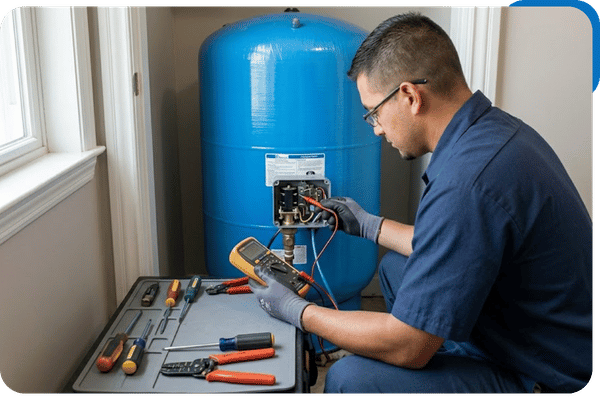 A professional well technician in a generic blue work shirt diagnoses a faulty pressure switch on a blue well tank during a repair call in Troy, Ohio.