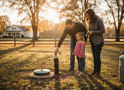 Family Inspecting Outdoor Home Utilities in Autumn
