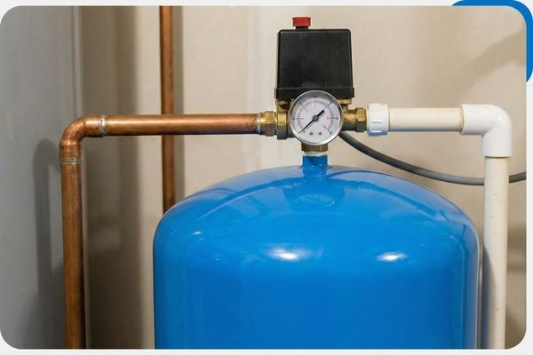 Blue water pressure tank with gauge and copper piping.