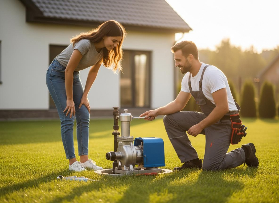 Technician repairing outdoor water pump with homeowner