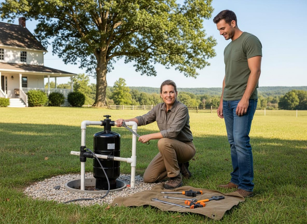 Couple installing outdoor water filtration system