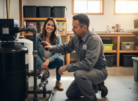 Home technician inspecting water system with a smiling homeowner