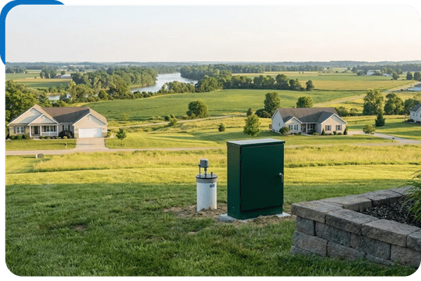 A golden hour landscape photograph of a residential well system near Troy, OH, with a clean water sample symbolizing local iron filtration solutions.