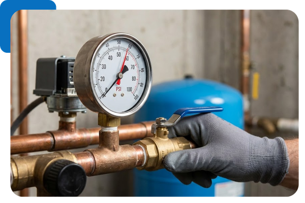 close-up shot of a professional pressure gauge on a well water system, with a technician's hand safely adjusting a brass valve