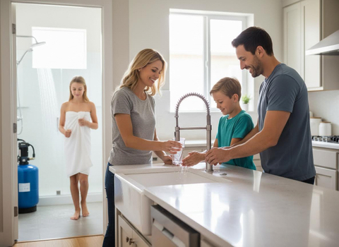 Family using clean water in their modern home
