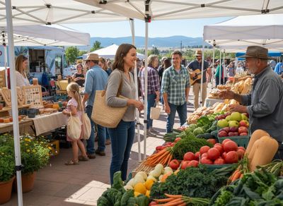 A lively outdoor farmers market scene featuring vendors selling fresh produce, baked goods, and crafts to smiling shoppers under white tents. Vibrant outdoor farmers market with fresh produce and shoppers