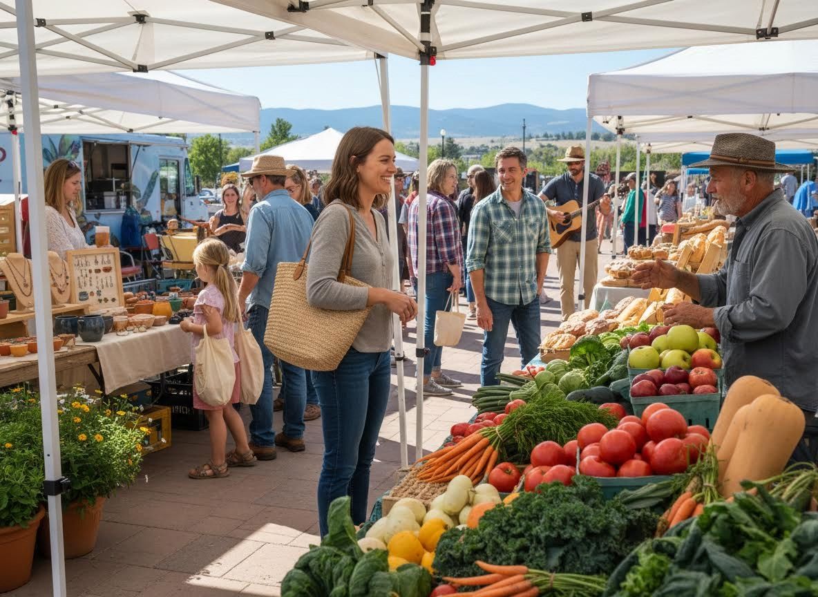 Vibrant outdoor farmers market with fresh produce and shoppers