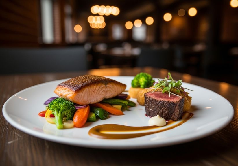 A gourmet dinner plate in a modern, warm restaurant setting.