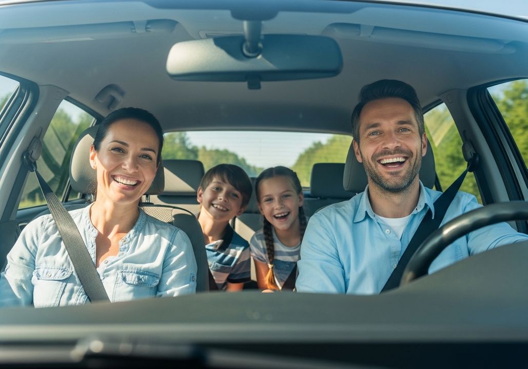 a family in their car on the road, excited to go places for the day