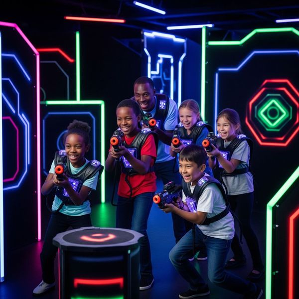 Children and parent enjoying a game of laser tag. Children and parent enjoying a game of laser tag.
