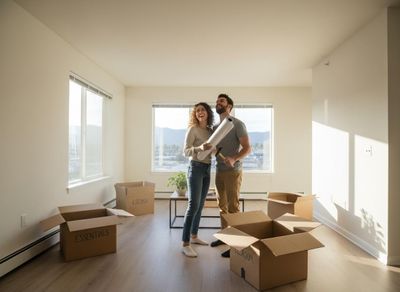 A happy couple stands in their new, empty apartment with moving boxes, holding plans and a hammer, looking up and smiling. Happy Couple Moving into New Apartment
