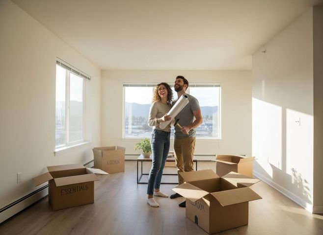 A happy couple stands in their new, empty apartment with moving boxes, holding plans and a hammer, looking up and smiling. Happy Couple Moving into New Apartment