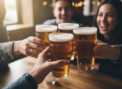 group of people raising glasses of beer for a teast