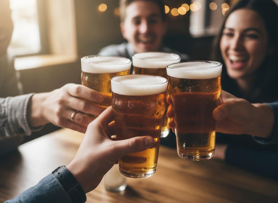 group of people raising glasses of beer for a teast