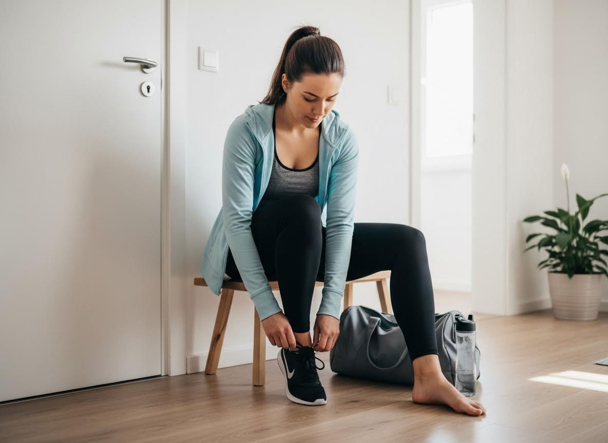 woman putting her shoes on to go and work out