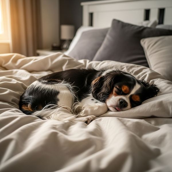 small dog sleeping soundly on a bed