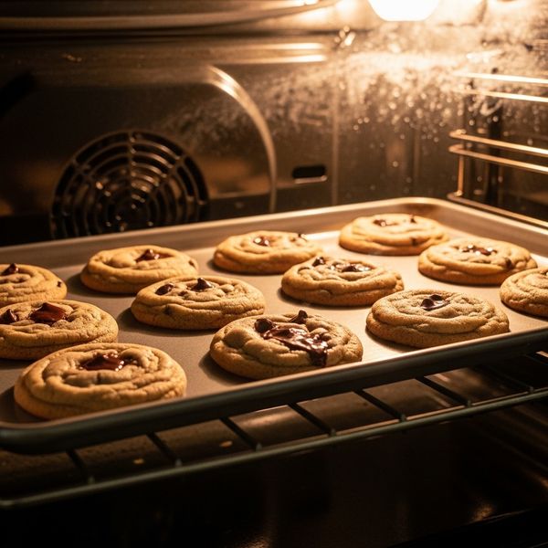 cookies on a baking sheet in the oven