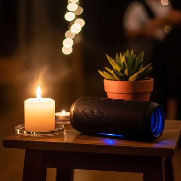 A candle, speaker, and plant on a side table creating a cozy party ambiance.