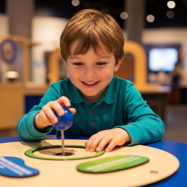 Child interacting with a hands-on exhibit at a science museum. Child interacting with a hands-on exhibit at a science museum.