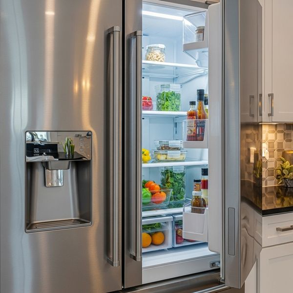 Close-up of a stainless steel refrigerator in a high-end apartment kitchen.