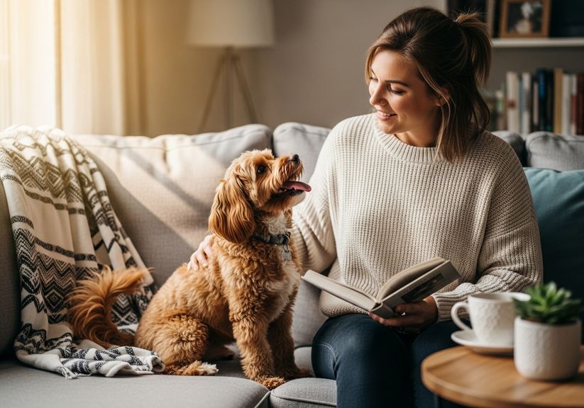 a small, happy, dog sitting with an owner on a couch