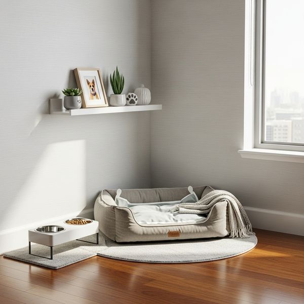 Dedicated pet zone with bed and bowls in a modern apartment corner.