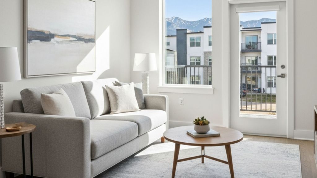 A bright, minimalist apartment living room with a grey sofa, simple coffee table, and large window