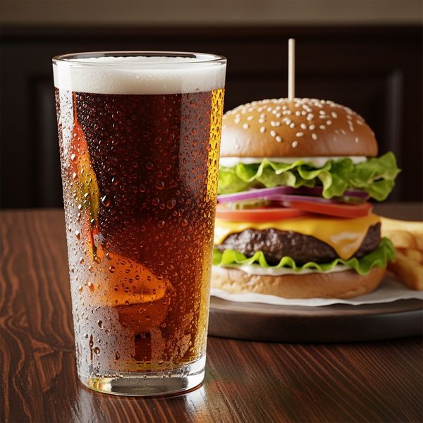 A frosty craft beer and a gourmet burger on a pub table