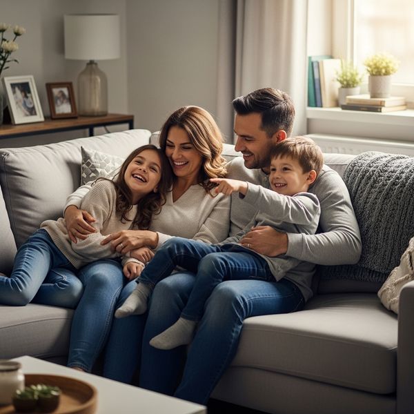 parents and kids sitting on a couch in their apartment