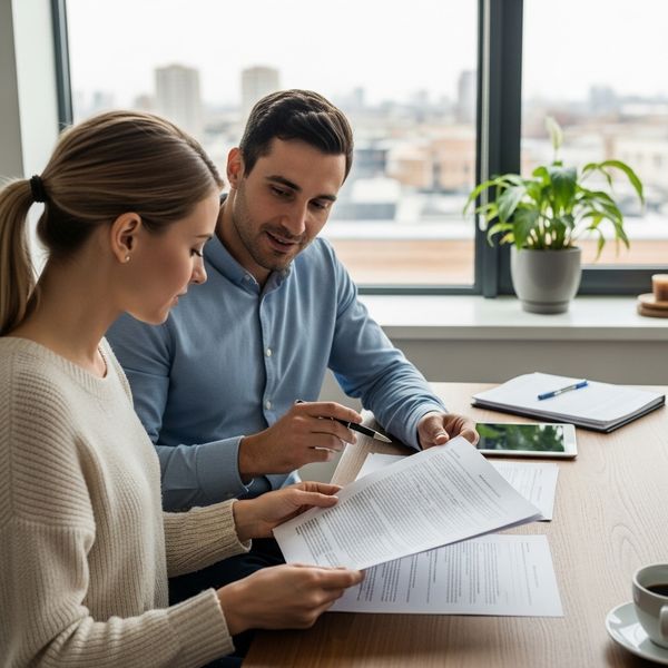 Two people reviewing and discussing an apartment lease document.