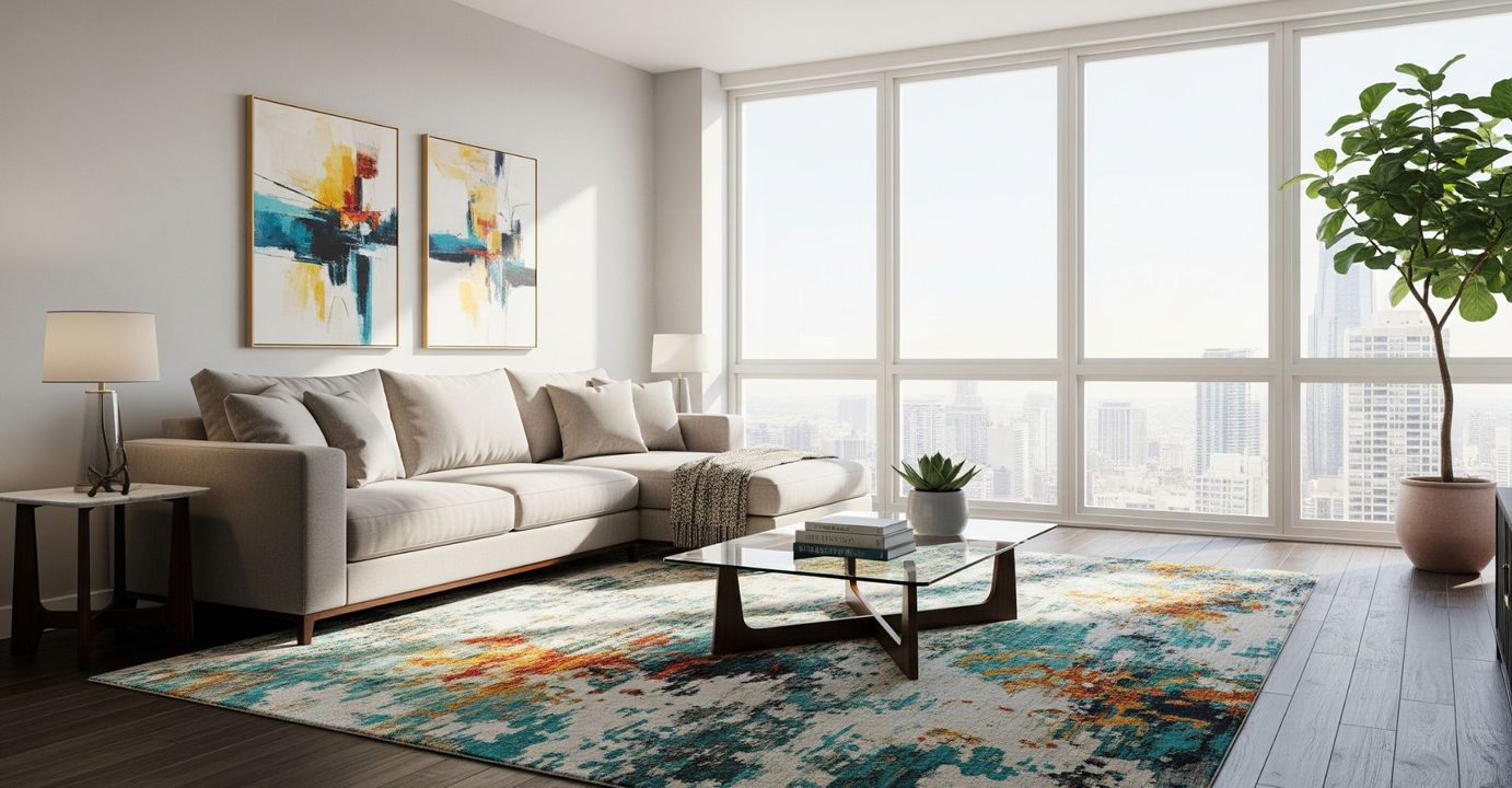 A bright, modern living room in a luxury apartment, decorated with stylish, contemporary furniture and filled with natural light.