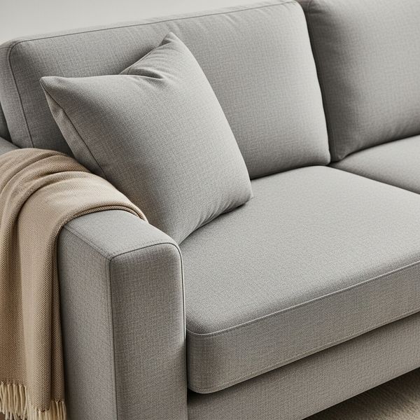 Close-up of a multi-functional, comfortable light grey sofa