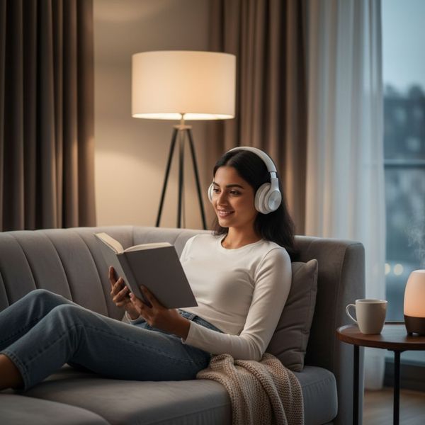 Resident relaxing peacefully with headphones in a quiet, modern apartment living room Resident relaxing peacefully with headphones in a quiet, modern apartment living room