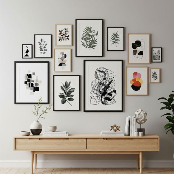 A modern, damage-free gallery wall with various art prints in black and wood frames above a console table.