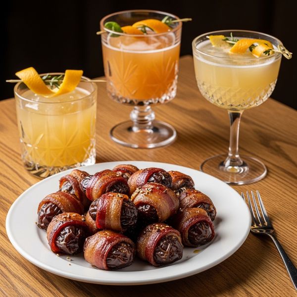 Tapas plates and craft cocktails on a rustic table in a bistro