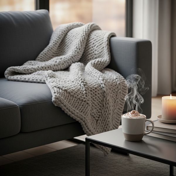 A warm blanket on a modern sofa and a cup of steaming cocoa on a coffee table