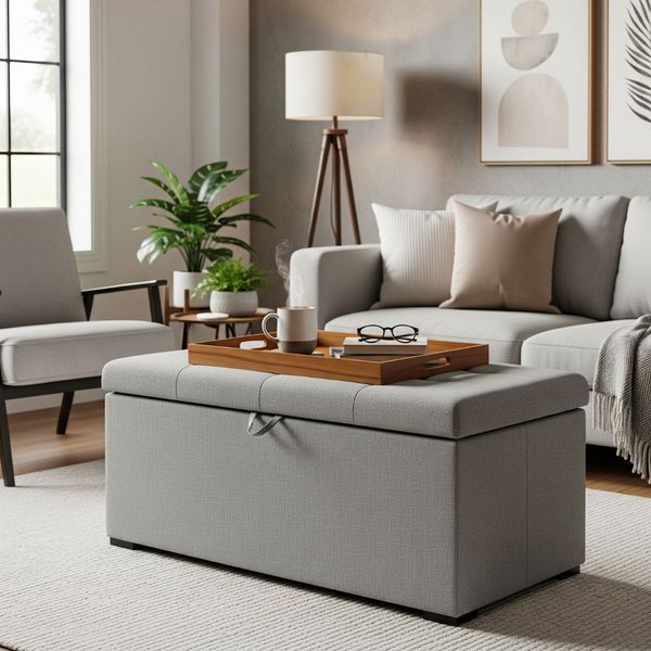 A stylish gray fabric storage ottoman in a modern living room setting.