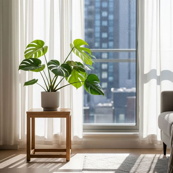 Sunlit window in a modern apartment living room with a green plant on a side table.