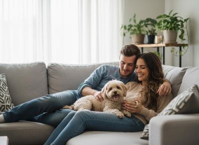 a couple with their small dog on a couch
