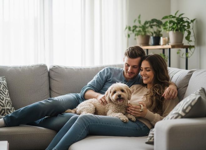 a couple with their small dog on a couch