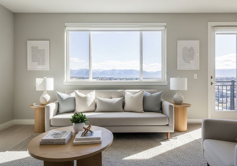 Modern luxury apartment living room with neutral sofa and mountain view