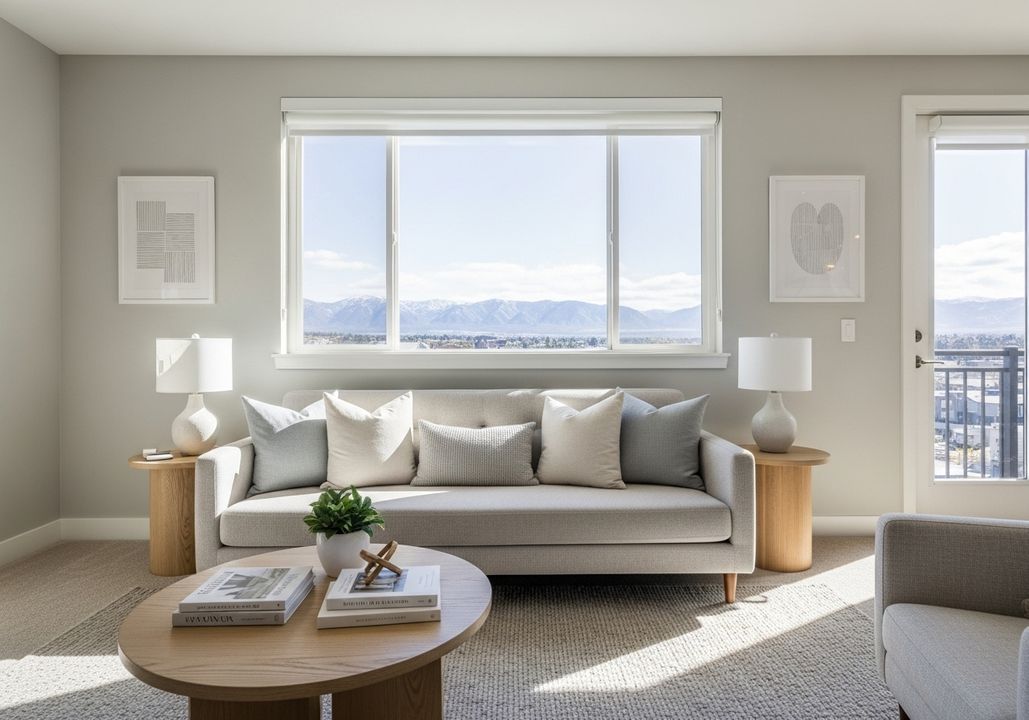 Modern luxury apartment living room with neutral sofa and mountain view Modern luxury apartment living room with neutral sofa and mountain view