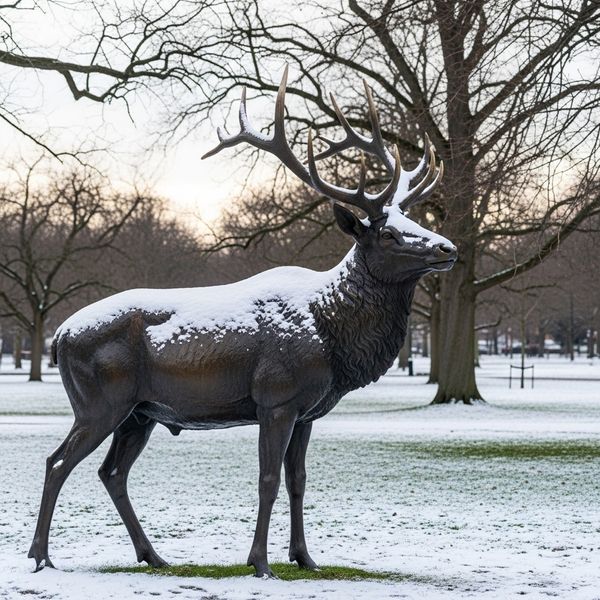 a bronze outdoor sculpture in a park covered in a light dusting of snow
