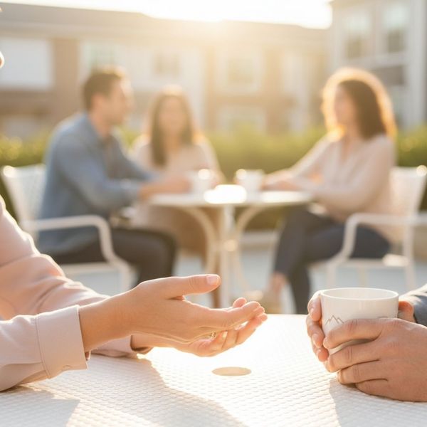 Close-up of two hands in a friendly gesture during a polite neighbor conversation Close-up of two hands in a friendly gesture during a polite neighbor conversation