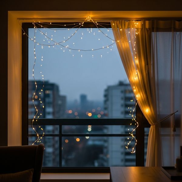string lights strung by a window inside an apartment.