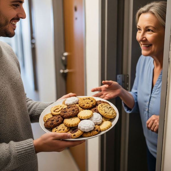 A person giving a plate of cookies to their neighbor at their apartment door.
