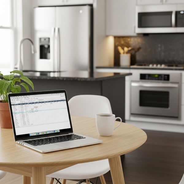 Small, modern kitchen or dining table used as a home office desk